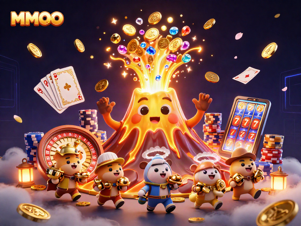Engage with MMOO’s exciting 3D casino illustration featuring dynamic treasure and game elements.