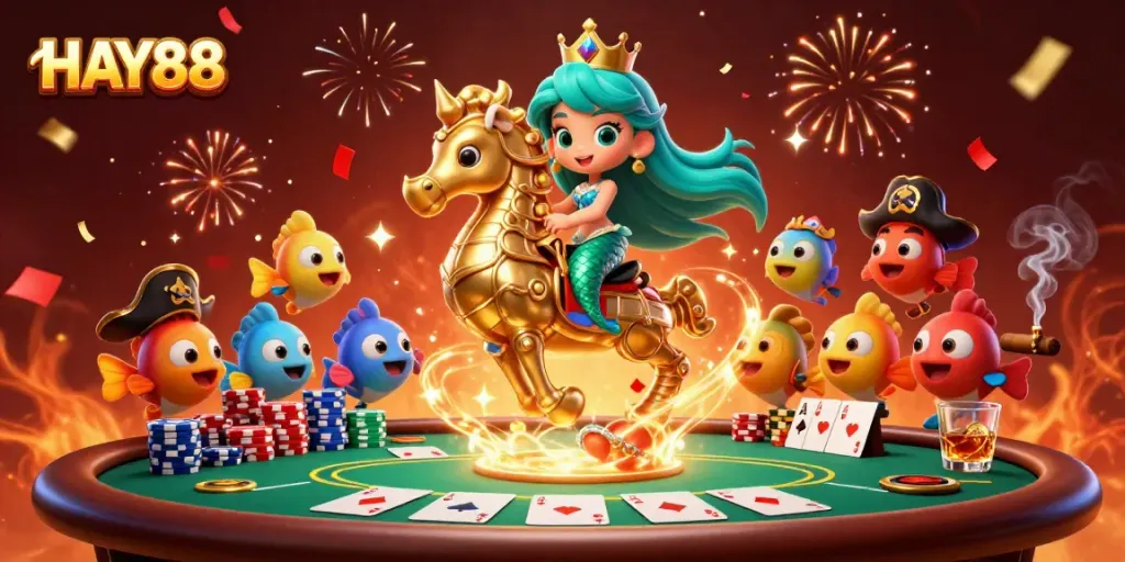Engage in exciting casino action with HAY88's vibrant illustration of a mermaid and poker elements.