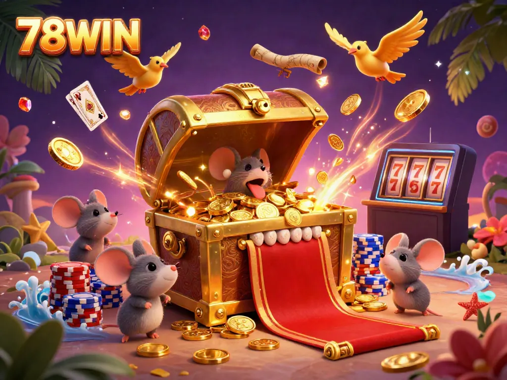 Experience the excitement of 78WIN with a vibrant treasure chest enticing adventurer mice in a dynamic casino scene.
