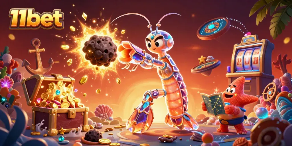 Experience the thrill of 11bet with an explosive 3D casino adventure scene full of treasures.