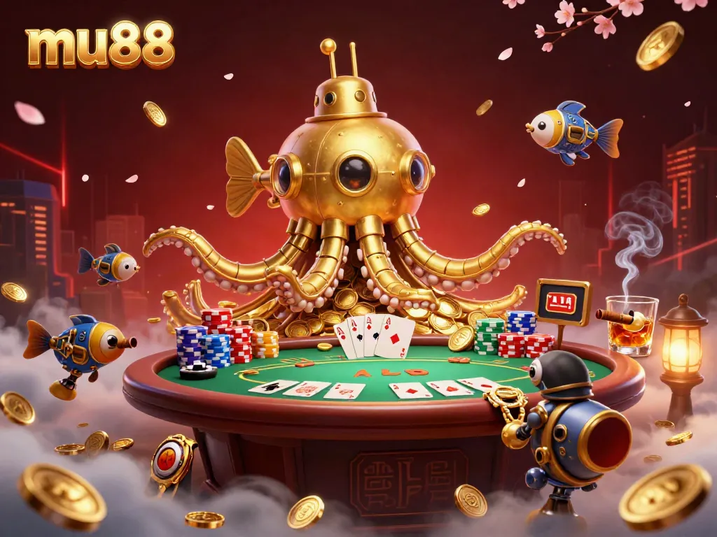 Experience thrilling gameplay at mu88 with a golden kraken submarine amidst golden coins and poker excitement.