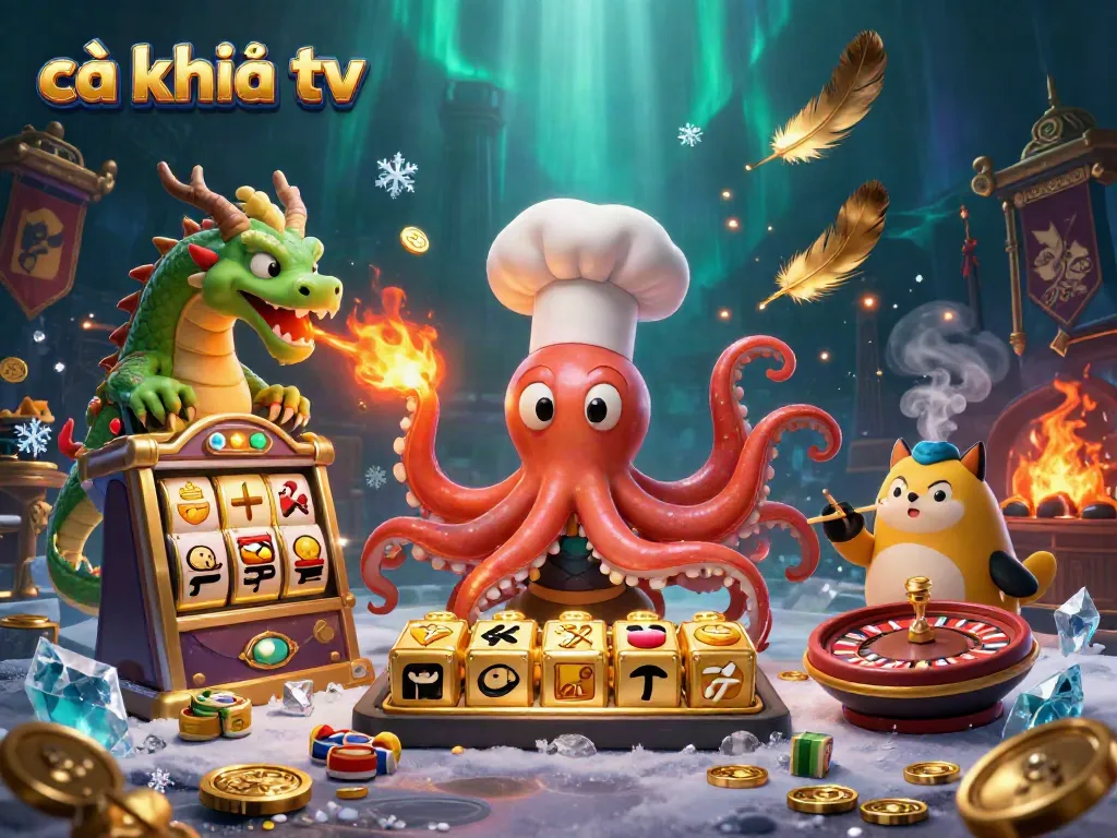 Cà khịa tv showcases a dynamic casino scene with a cartoon octopus, dragon, and tanuki engaging in gambling activities.