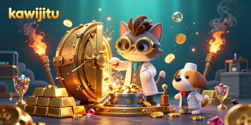 Join kawijitu's wild 3D cartoon lab adventure with a mad scientist cat creating golden treasures!