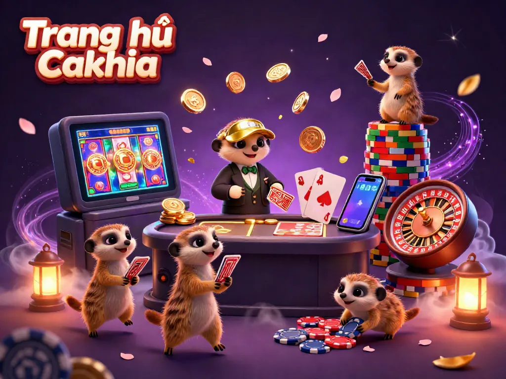 Engage with Trang chủ Cakhia's lively 3D casino scene showcasing meerkats managing games and winning!