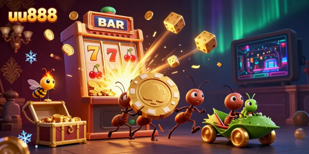 Experience excitement with uu888 as ants carry a massive poker chip amidst a vibrant casino scene.