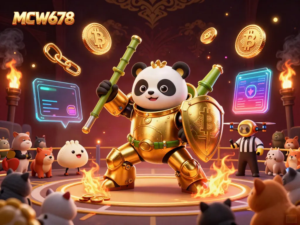 Experience the excitement of MCW678 in a cockfighting arena with a mech-suit panda and robot.