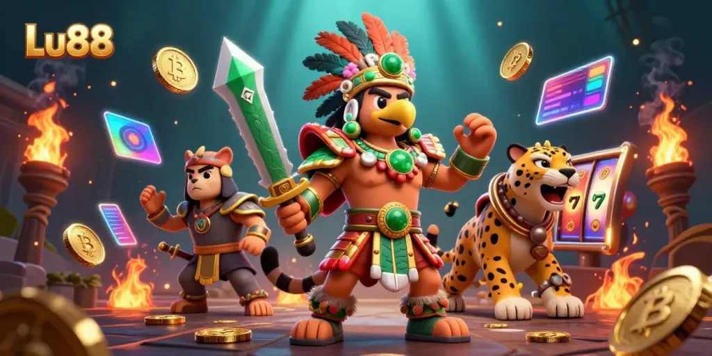 Engage in thrilling gameplay at Lu88 with vibrant Aztec warriors and casino elements.