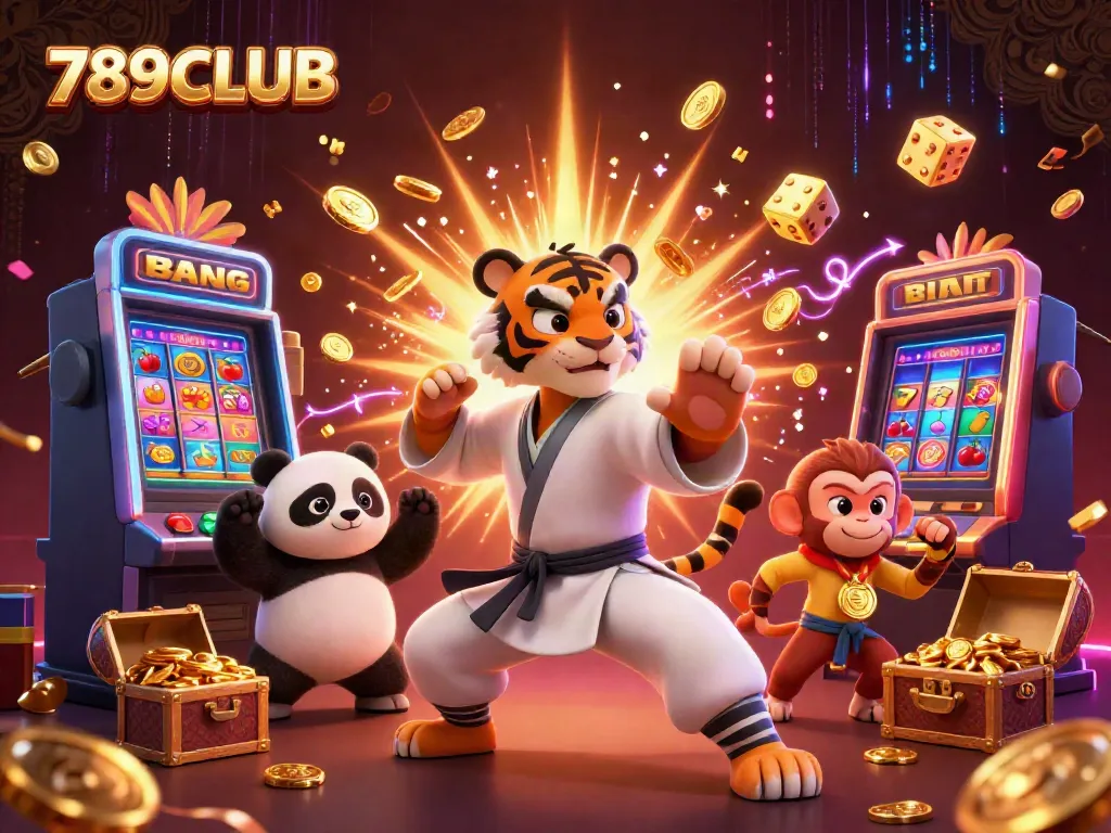 789CLUB showcases an exciting scene with a kung fu tiger, panda, and monkey amid casino delights and jackpot excitement.