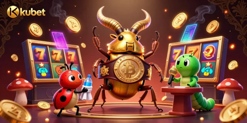 Engage in exhilarating gaming at kubet with vibrant slot machines, neon crypto coins, and dynamic characters.