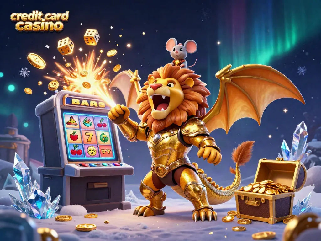 Watch the roaring chimera represent a credit card casino victory, surrounded by explosive slot machine symbols and treasures.