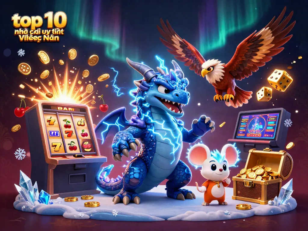 Engage with the top 10 nhà cái uy tín Việt Nam in this vibrant 3D casino scene featuring dynamic characters and a jackpot explosion.