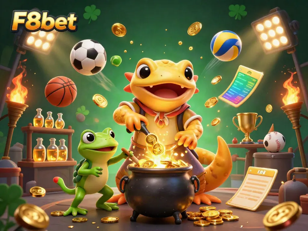 Experience thrilling F8bet gameplay with a vibrant scene of a golden alchemist and sports elements.