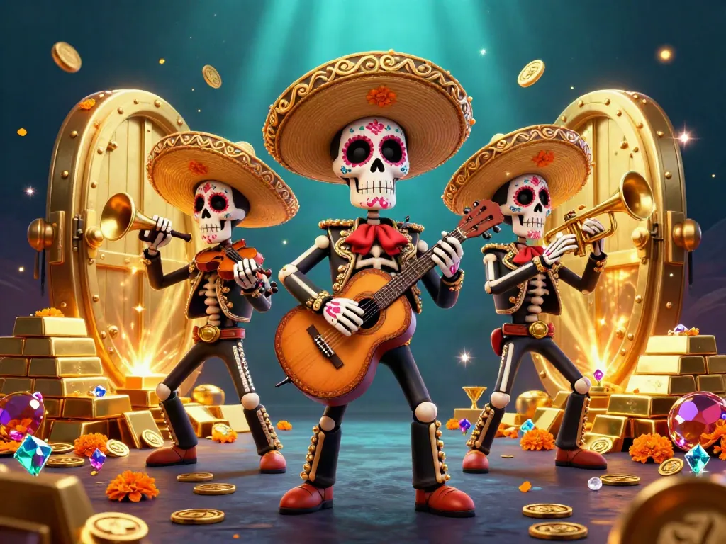 LC88 mariachi band celebrating winnings with gold and jewels in a vibrant casino scene.