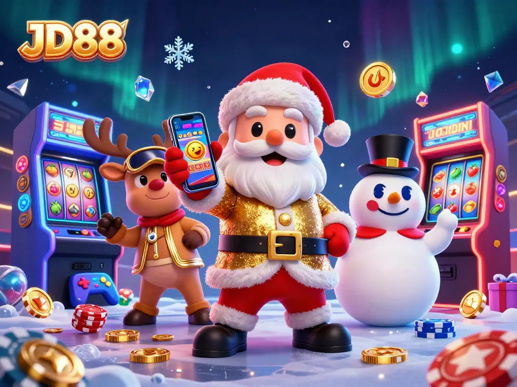 JD88 interactive casino scene with Santa Claus, a reindeer dealer, and a poker chip snowman.
