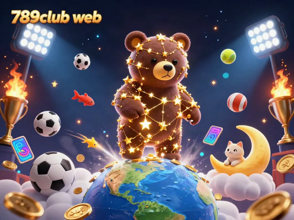 Experience the thrill of 789club web as a constellation bear scoops coins amidst dynamic sports elements.