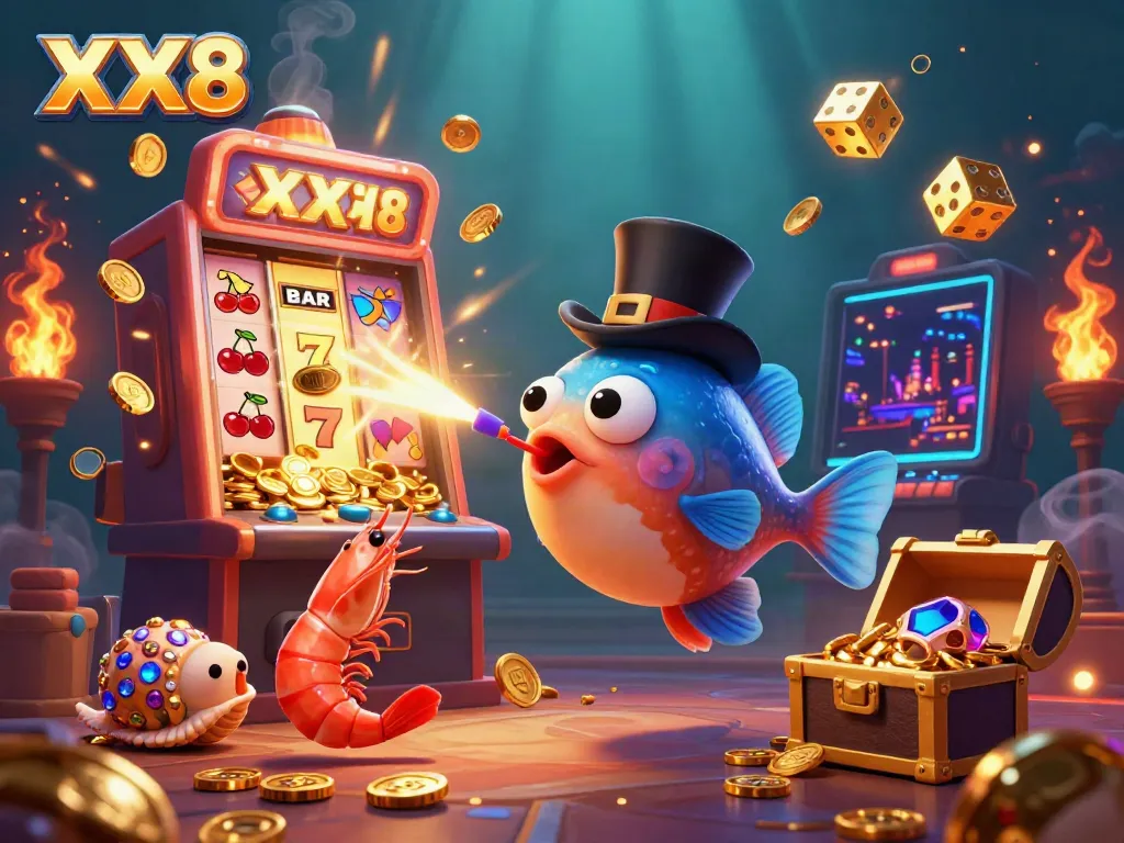 Experience the electrifying casino atmosphere with the XX8 anglerfish and friends celebrating over a jackpot of coins.