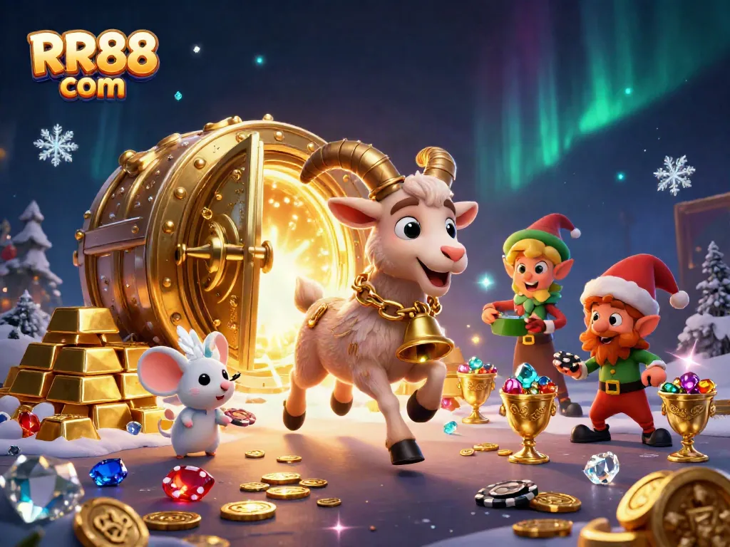 Experience the excitement of RR88 com through a festive casino scene filled with fun characters and treasures.