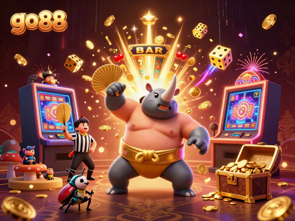 Experience thrilling wins at go 88 with a vibrant 3D casino scene featuring golden coins flying from a winning sumo beetle!