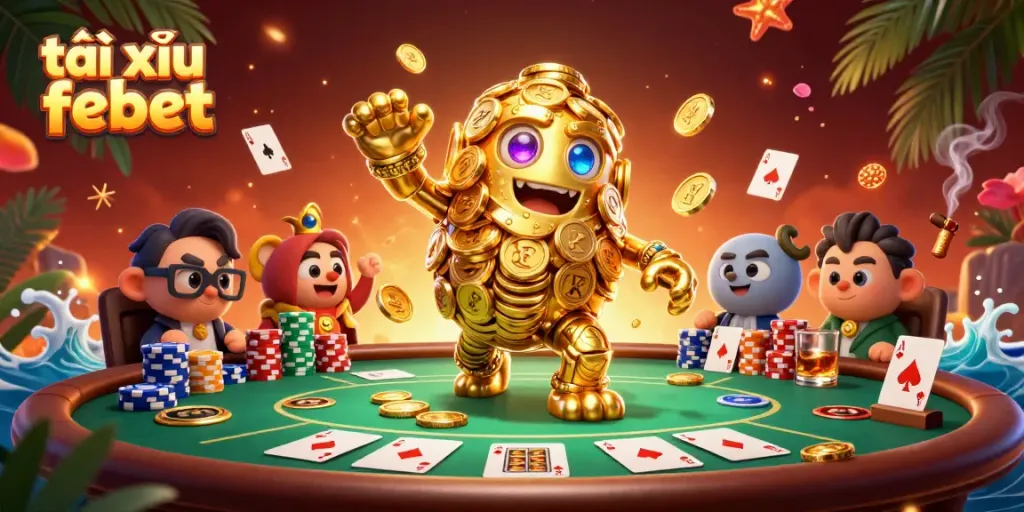 Players engage in tài xỉu febet as golden golem spins, surrounded by vivid poker elements.