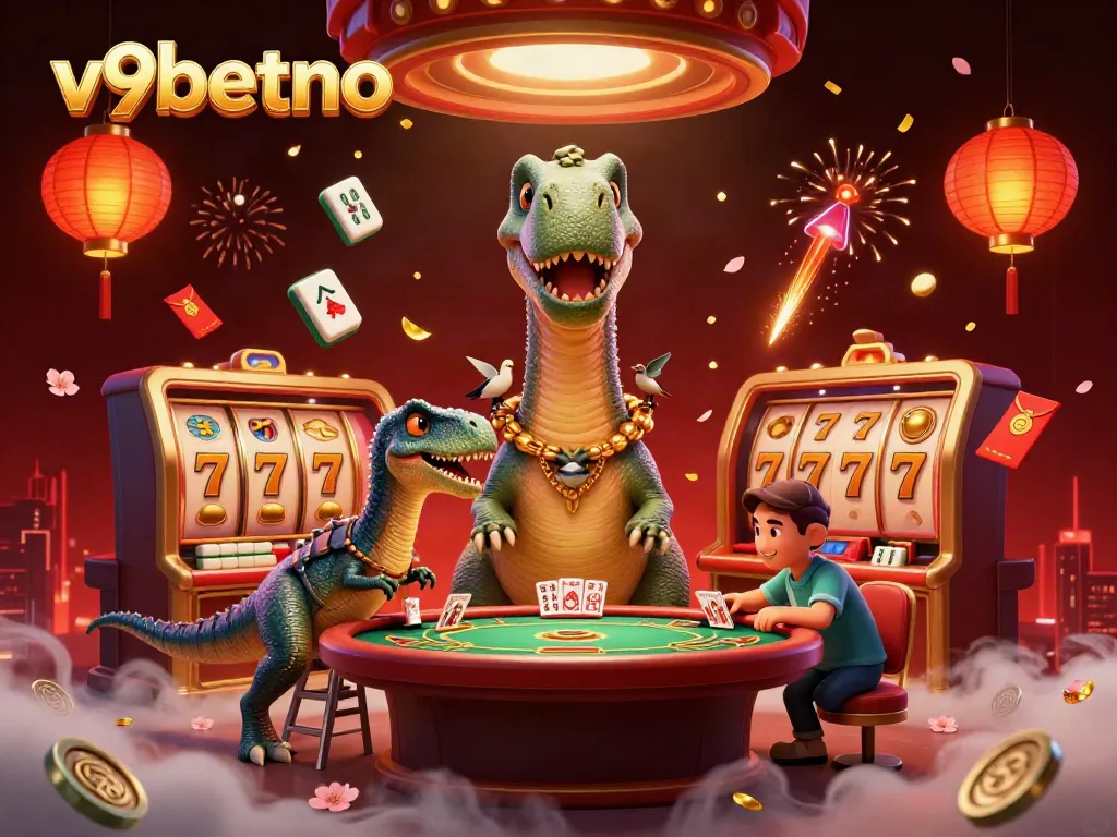 Experience excitement at v9betno with a giant brontosaurus overseeing a vibrant casino scene.