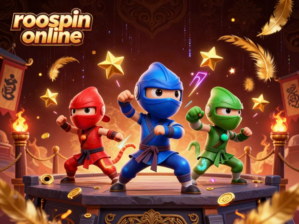 Engage with roospin online gaming as colorful chameleon ninjas showcase martial arts amidst casino elements.