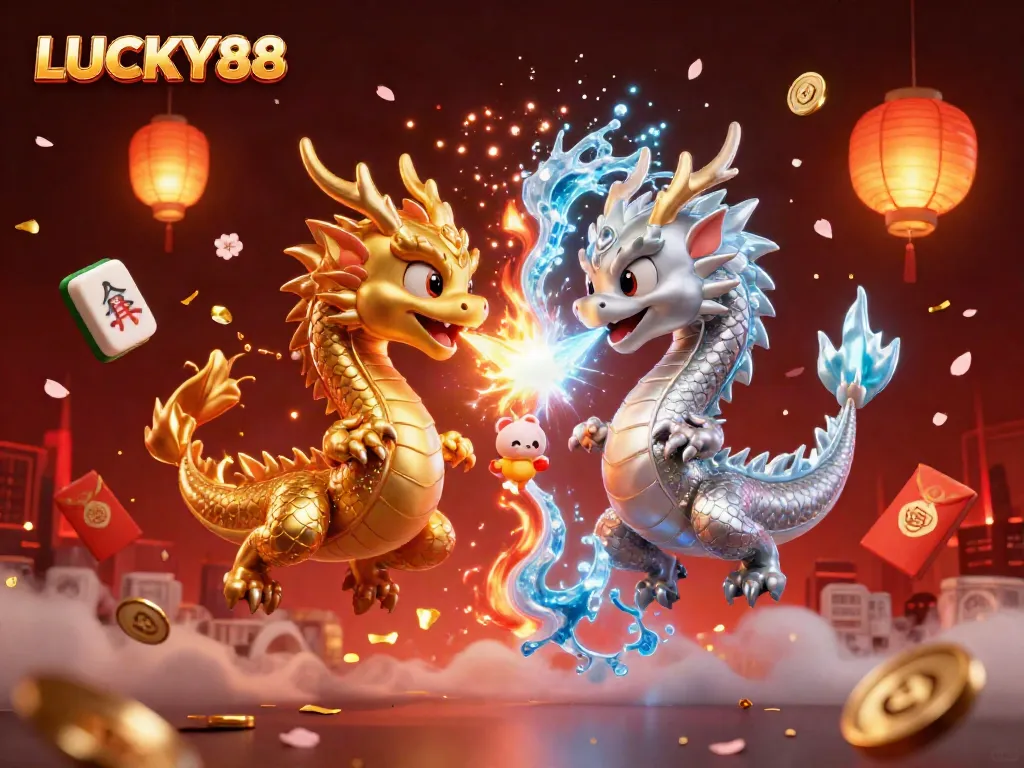 Experience thrilling gameplay with LUCKY88 in a vibrant casino scene featuring dragons.