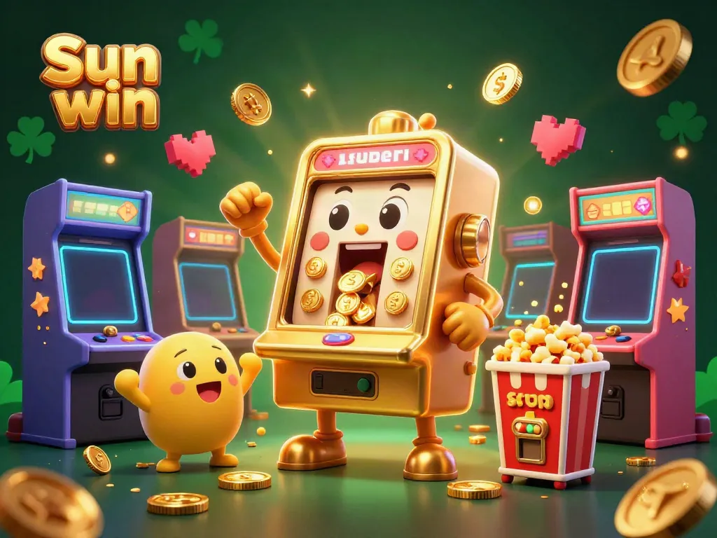 Experience the thrill of Sun win with a vibrant 3D cartoon slot machine celebrating a jackpot, surrounded by cheering mini slots and gaming elements.