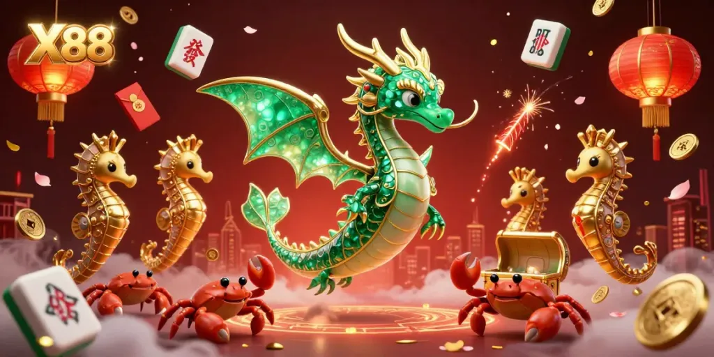 X88 floats with fantasy sea dragon and treasures in a vibrant casino-themed illustration