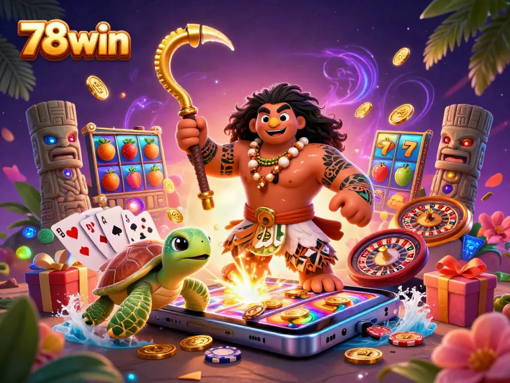 Experience the thrill of 78win with a vibrant casino scene featuring dynamic slots and colorful 3D characters.