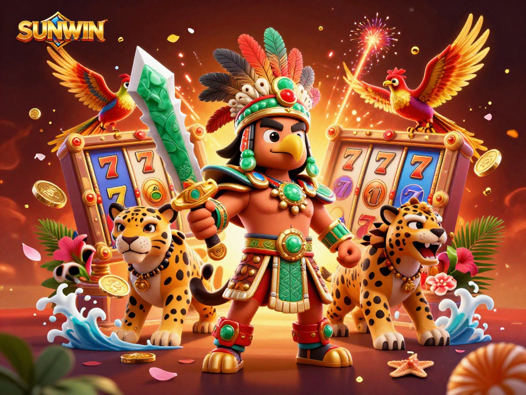 SUNWIN players experience exciting slot games with a vibrant Aztec warrior theme, capturing thrilling casino moments.