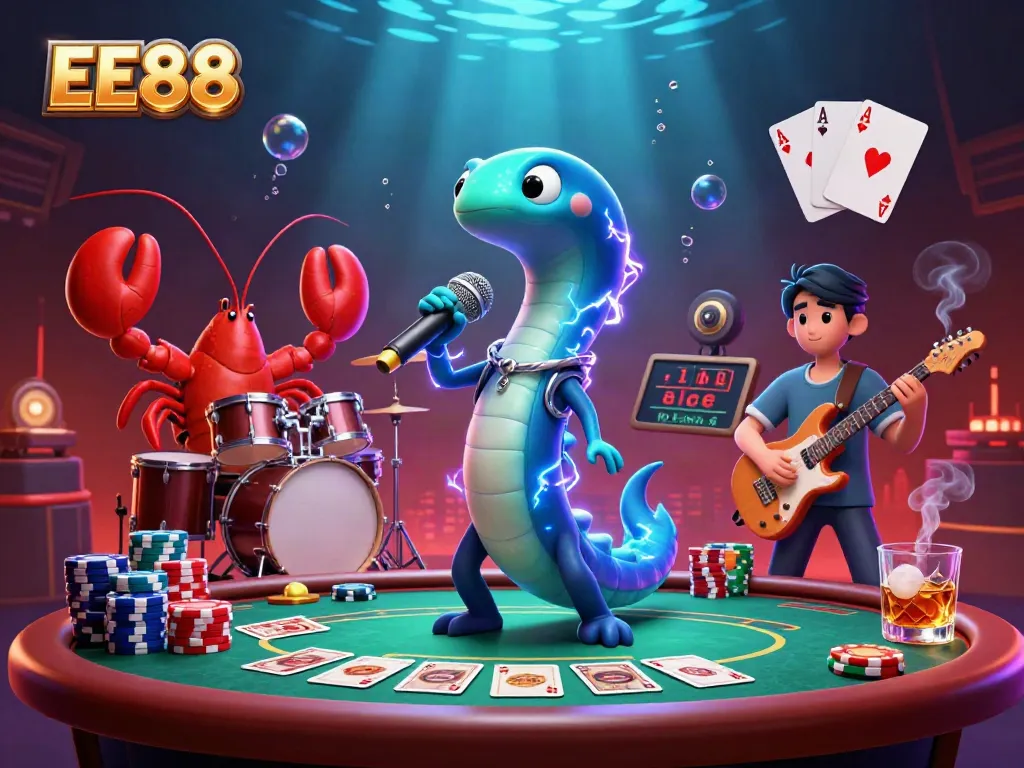 EE88's electric eel DJ rocks the underwater casino stage with vibrant poker elements.