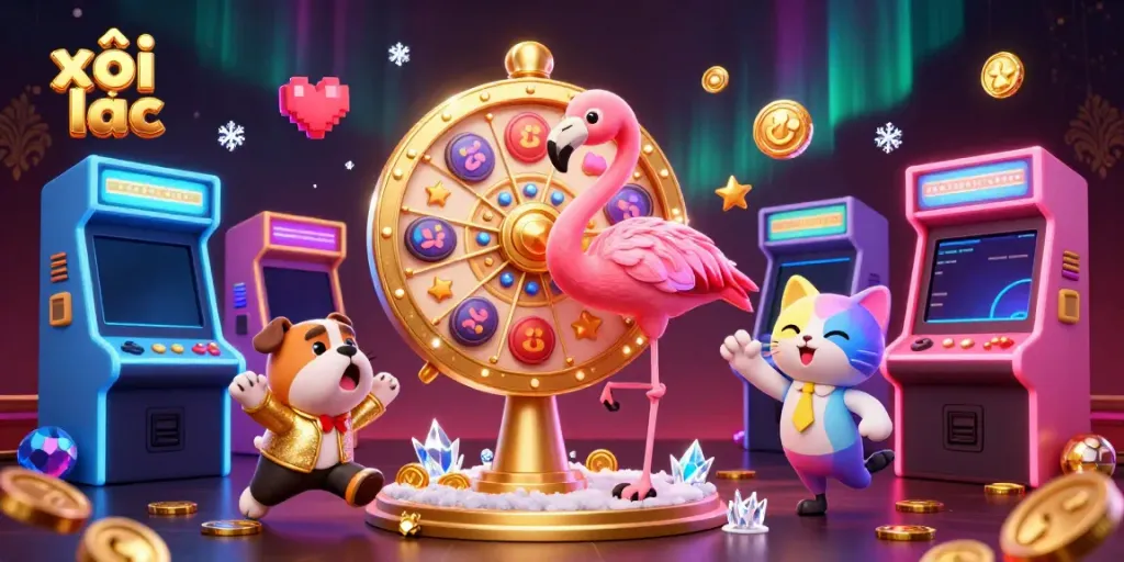 Play xôi lạc for thrilling rewards with exciting game show characters in the illustration.