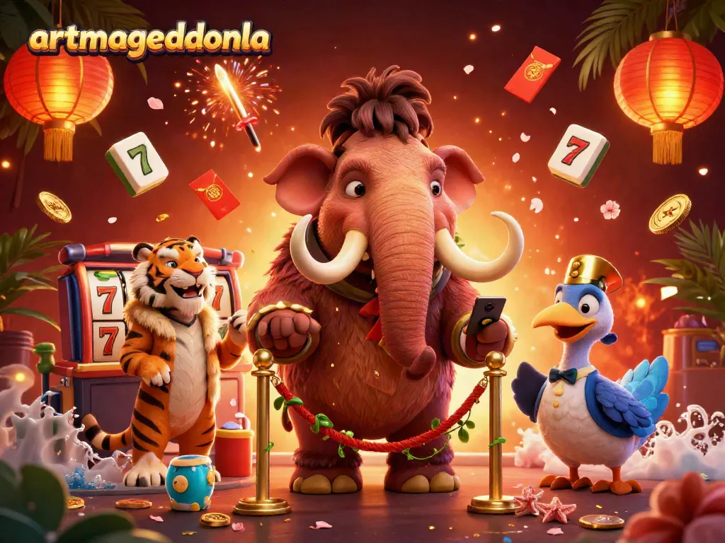 artmageddonla showcases a vibrant 3D casino scene with a mammoth bouncer and dynamic game elements.