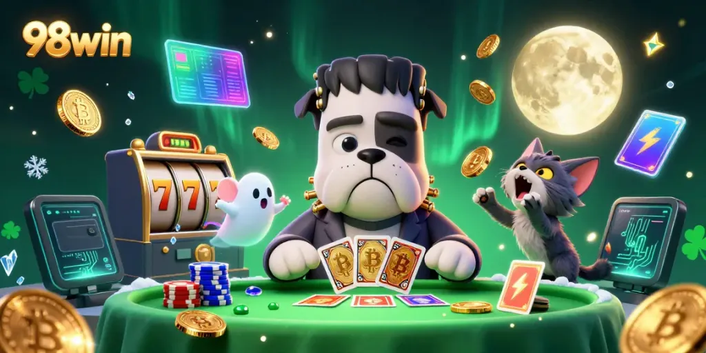 Winning at 98win: A whimsical scene of a Frankenstein bulldog dealing cards at a casino table.