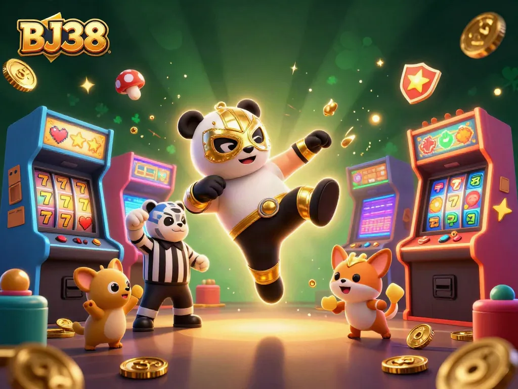 Engage with BJ38, a lively casino scene featuring a wrestler panda and excited animal spectators.