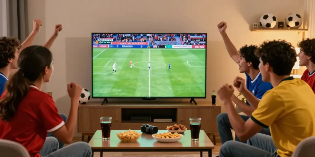 Fans enjoying a Gavangtv live football match in a cozy living room.