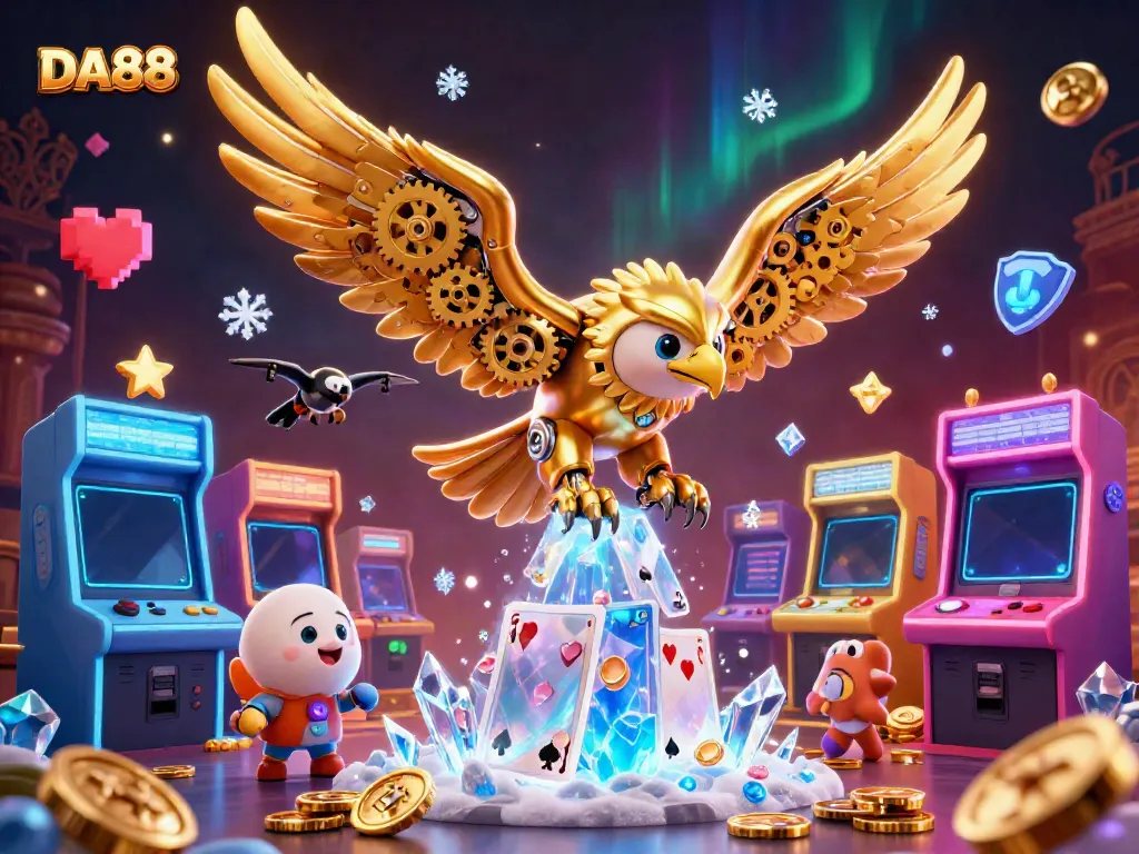 Experience DA88's thrilling adventure with a cybernetic eagle diving through vibrant casino-themed holographic cards!