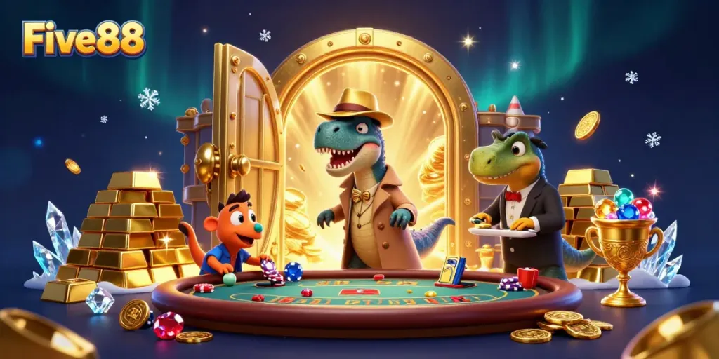 Play and win at Five88 with a vibrant scene featuring a velociraptor card counter and a stegosaurus pit boss.