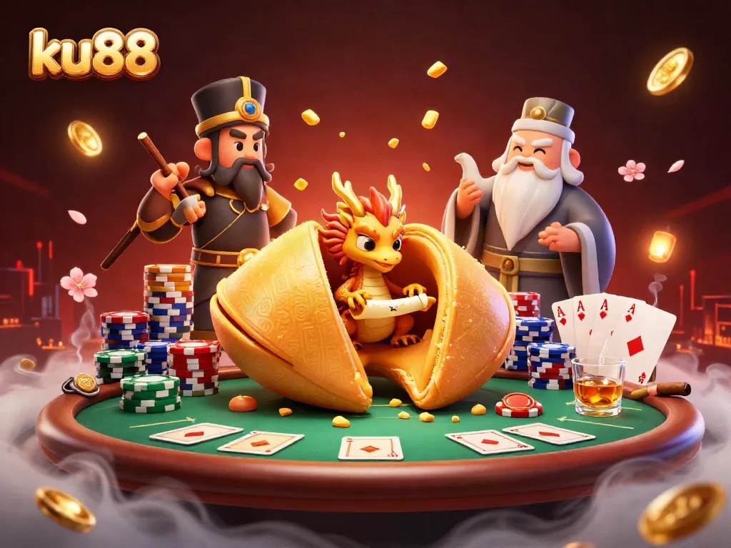 ku88 showcases a dynamic casino scene with vibrant characters and poker elements, embodying online gaming excitement.