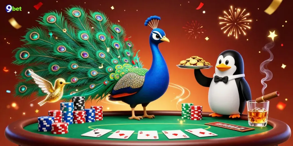 Join the excitement at 9bet's lively poker scene adorned with royal flushes and vibrant chips.