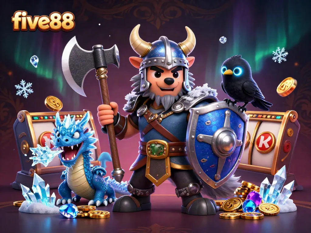 Bettors enjoy five88 gaming with Viking wolf warrior, fierce dragon, and colorful slot elements.