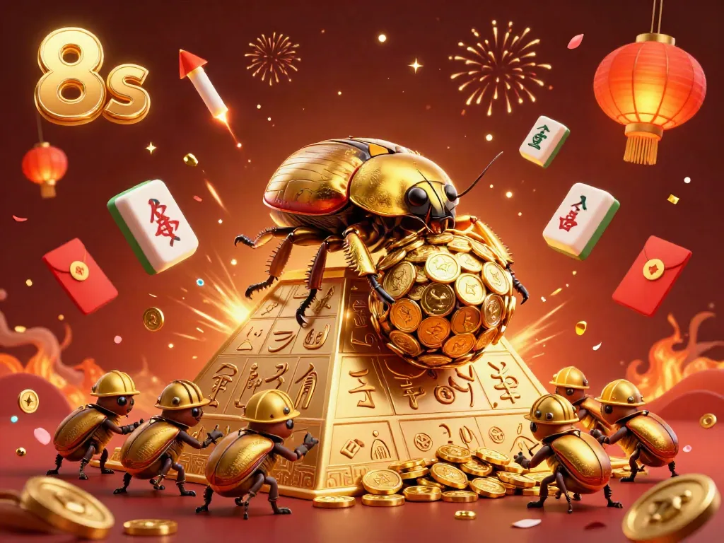 Engaging 3D illustration of 8s, a golden dung beetle rolling coins, set in a vibrant casino atmosphere.