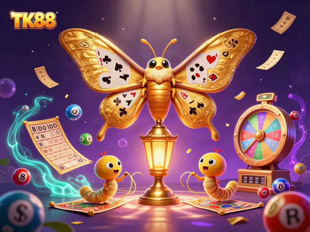 Engage with TK88's vibrant gaming experience featuring interactive lottery scenes and decorative casino elements.
