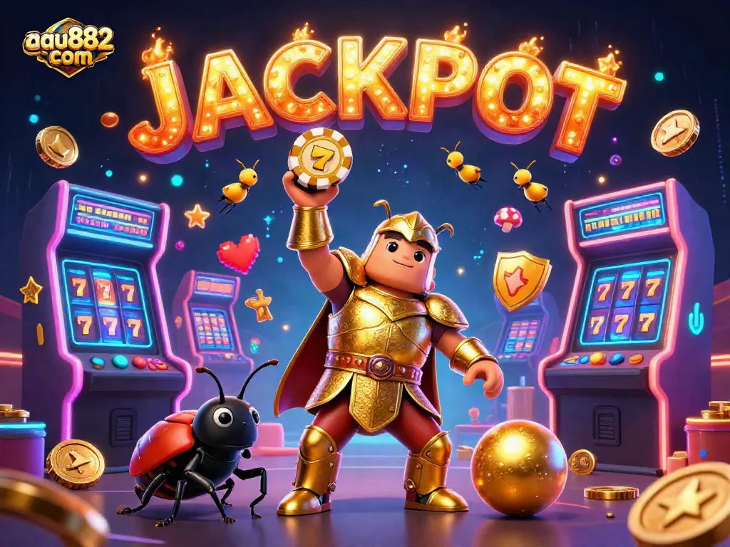 Experience excitement at aau882 com with a triumphant beetle championing poker, surrounded by vibrant casino games.