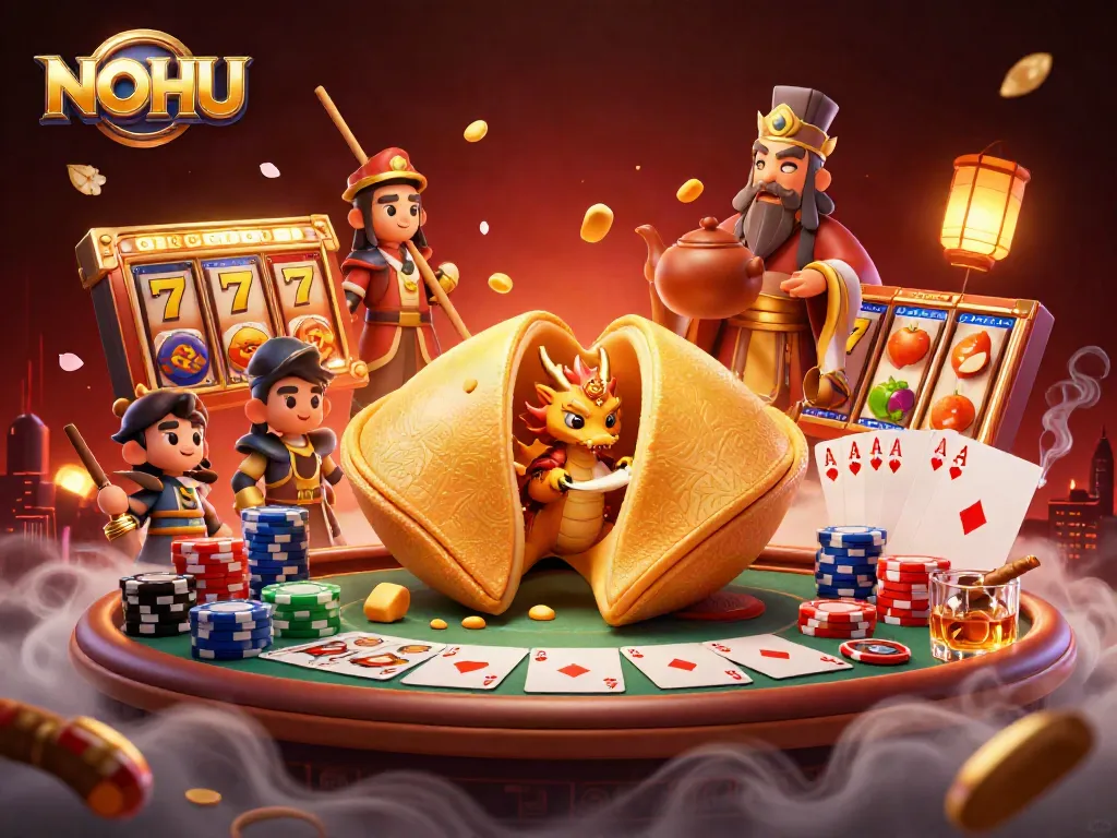 Experience the thrill of NOHU with a vibrant, colorful illustration of a golden fortune cookie and gaming elements.