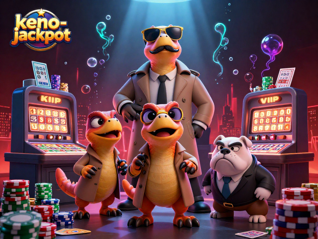 Dynamic scene of three raptors dressed comically entering a keno-jackpot room, surrounded by colorful game elements.