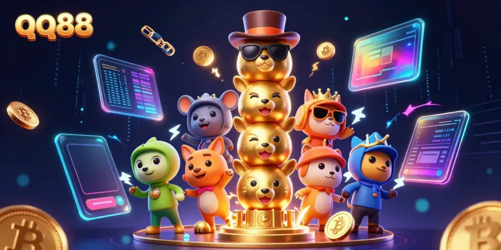Experience the thrill of qq88 with vibrant characters and dynamic casino elements in a magical 3D scene.