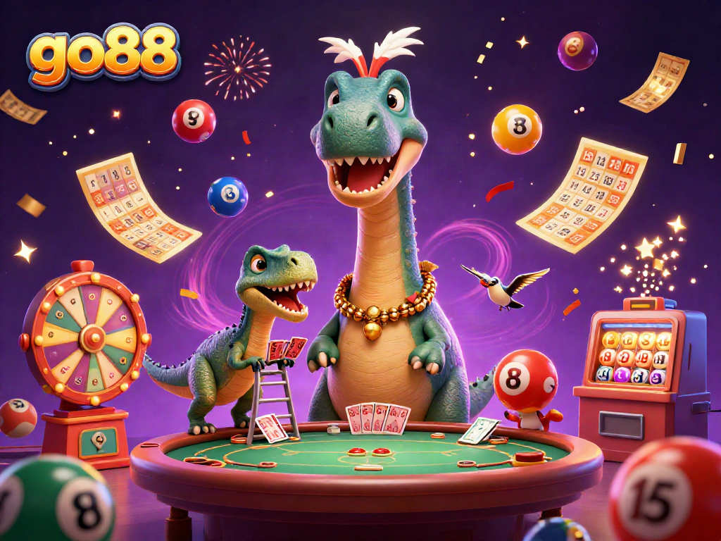 Experience go88 action with a giant brontosaurus, raptor dealer, and lottery balls in this casino scene.