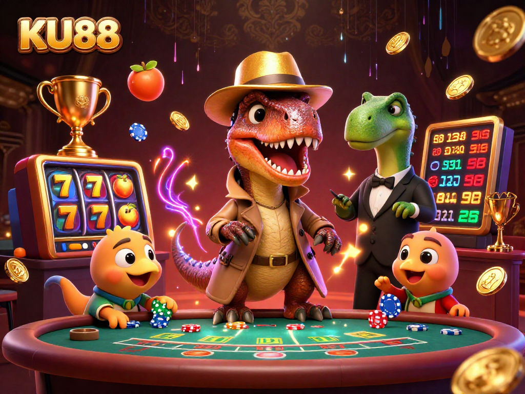 KU88 players enjoying a vibrant casino scene with animated velociraptor and stegosaurus in action.