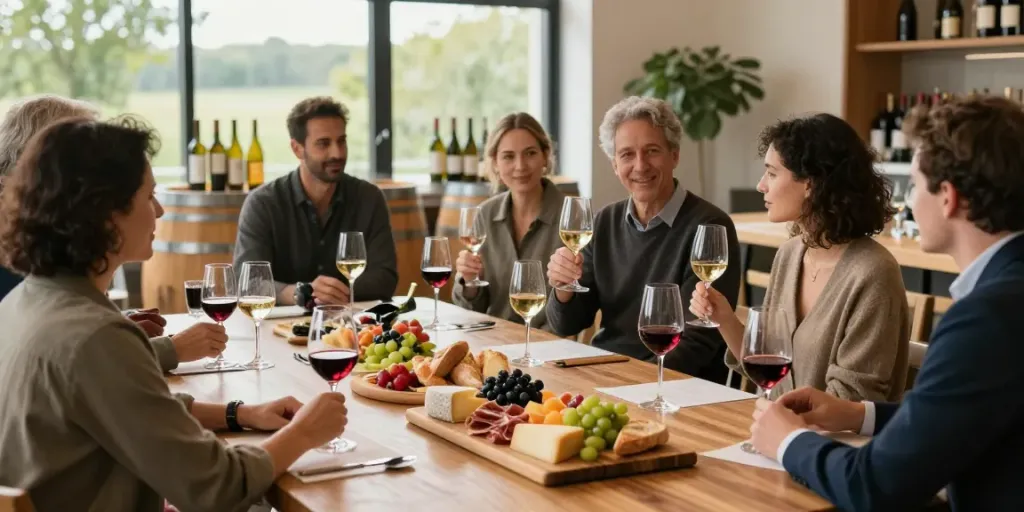 Wine enthusiasts enjoying a tasting event at avpwinecollective.com, surrounded by wine barrels and natural light.